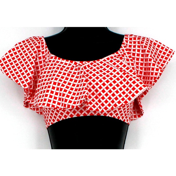 Swimsuit Red & White Print Ruffle Bandeau Top Only Size Medium - Picture 1 of 7